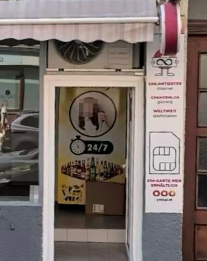 Eingang des Automatenshops an der Fasangasse 14/A mit Schild 24/7